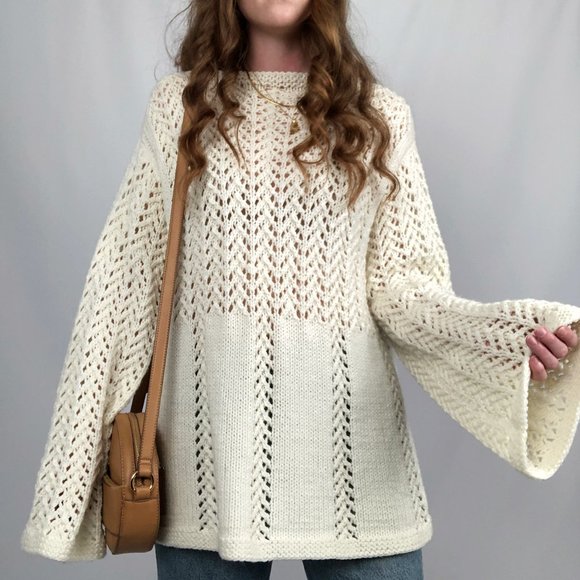 Stunning Vintage Hand Knit Open Oversized Bell Sleeve Boho Long Tunic Sweater - Picture 3 of 10